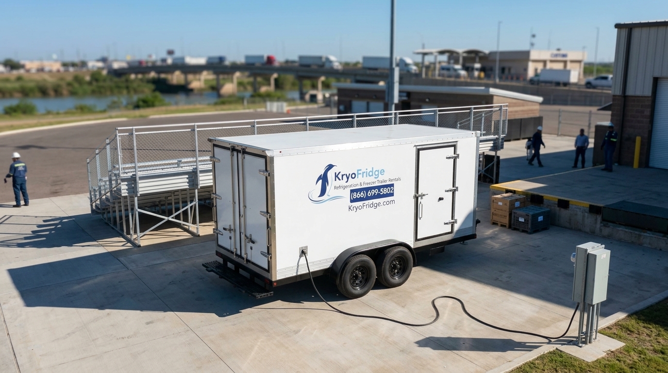Side view of a plugged-in KryoFridge walk-in freezer trailer bound for a job in Laredo, Texas