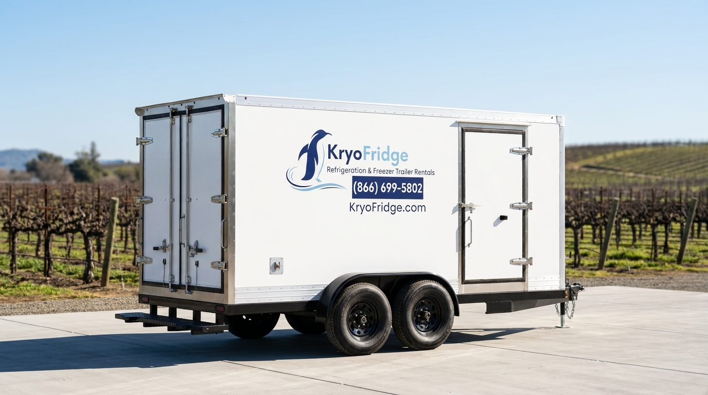 KryoFridge dual-purpose freezer and refrigerated trailer staged for same-day rental delivery in Lodi, California