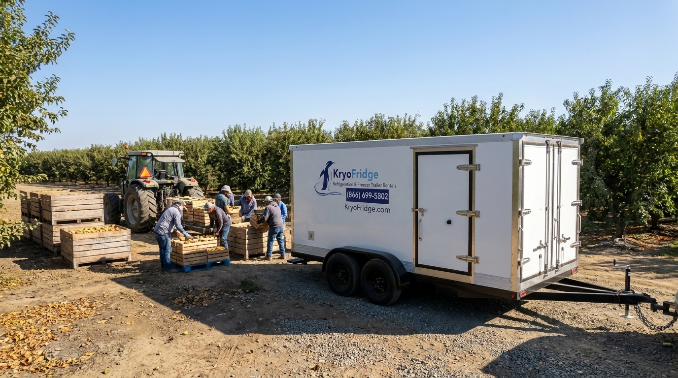KryoFridge trailer on a gravel vineyard headland at dawn near Lodi, stacked picking bins, low fog over old head-trained zinfandel vines