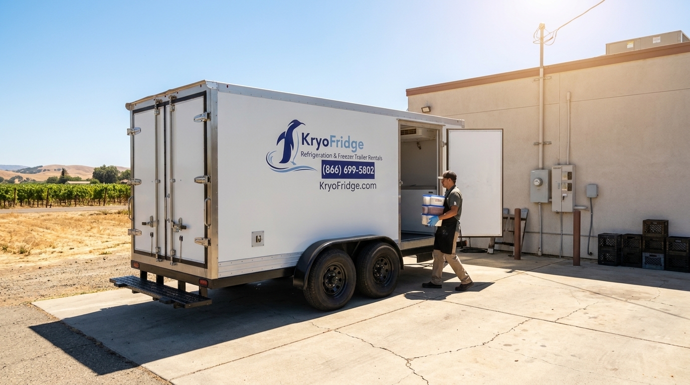 KryoFridge freezer trailer parked in the alley behind a downtown Lodi ice cream shop at dusk, string lights over the street, families holding cones