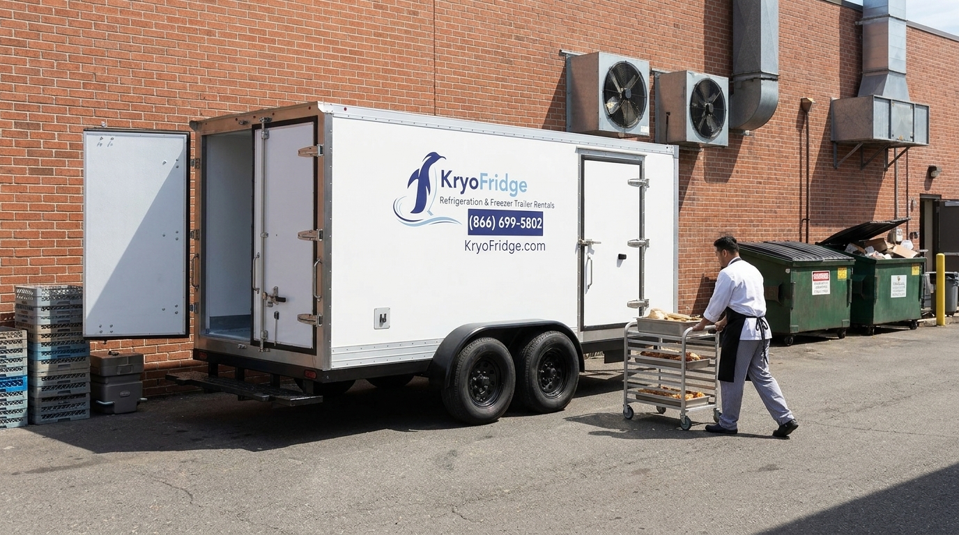KryoFridge refrigerated trailer at the back door of a brick downtown Lodi restaurant, kitchen crew loading sheet pan racks in the evening