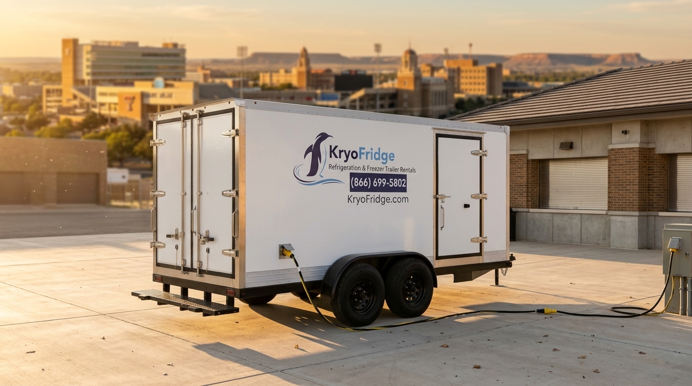 Staged KryoFridge freezer trailer photographed in side profile on a lot in Lubbock, Texas