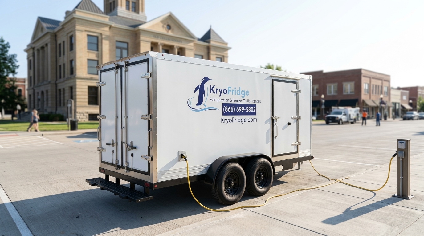 Road-ready KryoFridge mobile cold storage unit parked and waiting ahead of a drop in McKinney, Texas