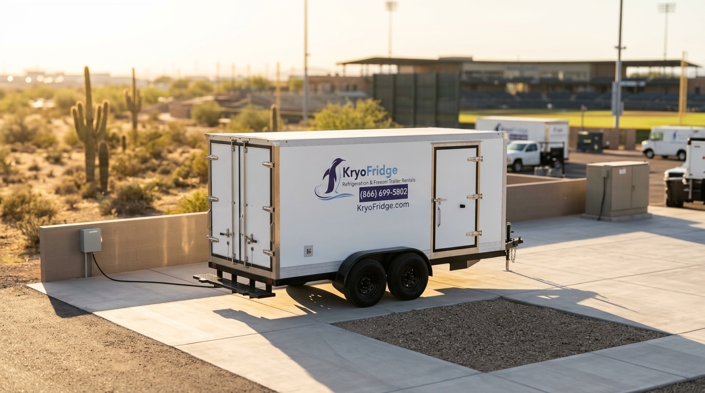 Side view of a staged KryoFridge freezer trailer bound for a job in Peoria, Arizona