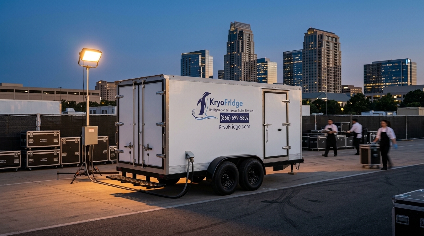 Pre-cooled KryoFridge cold chain trailer photographed in side profile on a lot in Plano, Texas