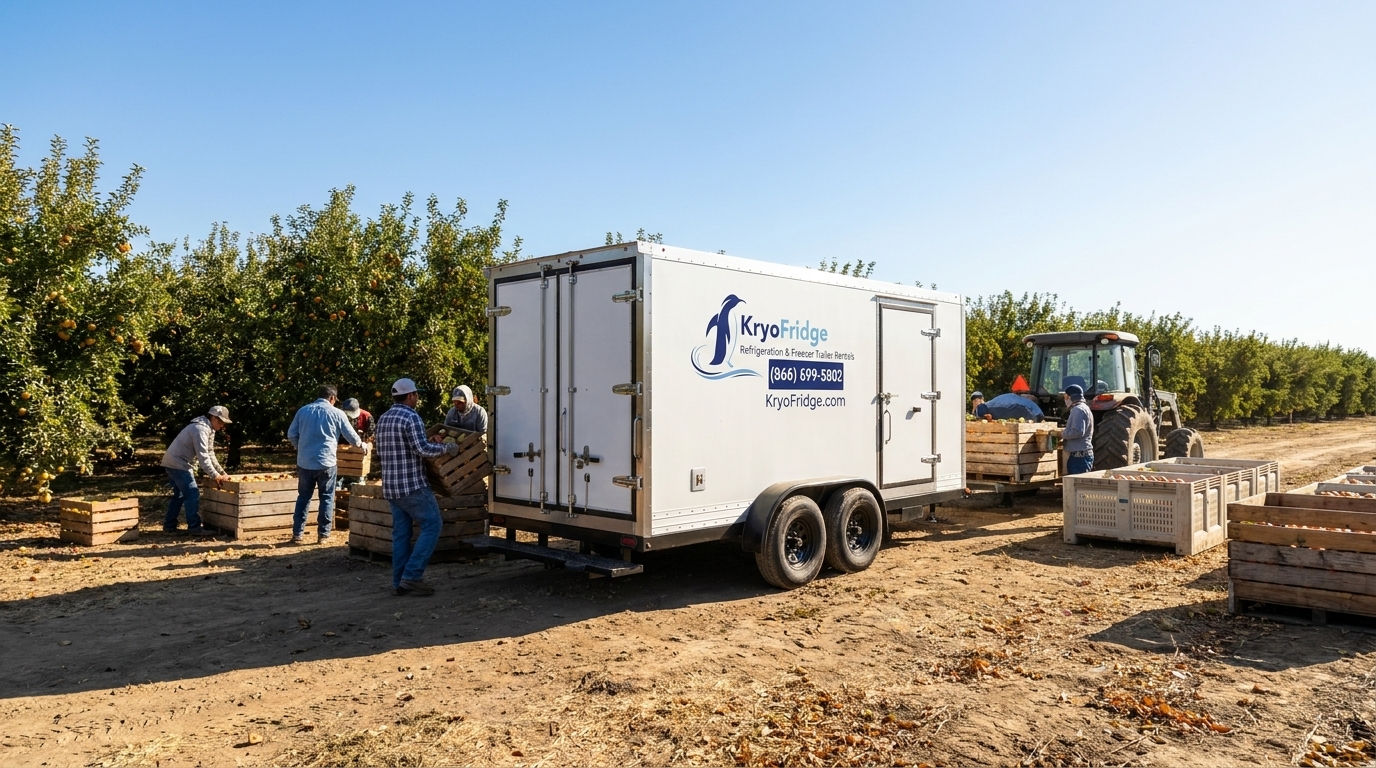 KryoFridge trailer covering a Harvest crew meal programs job in Porterville
