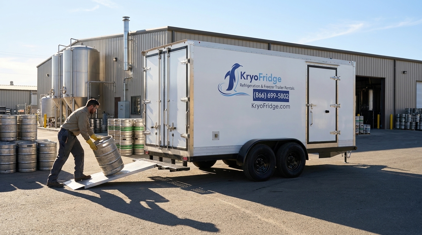 KryoFridge trailer beside a small foothill winery crush pad with picking bins of grapes staged in front