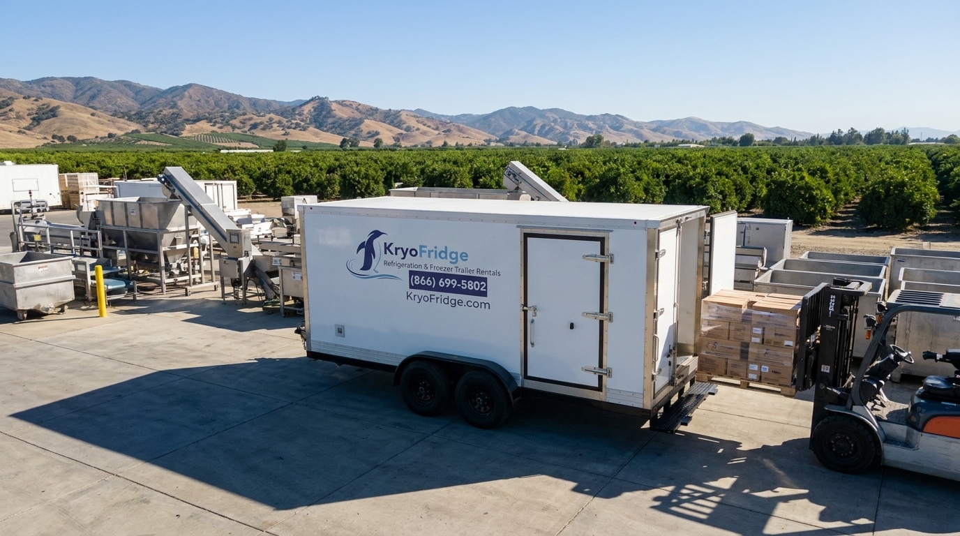 KryoFridge freezer trailer backed to a citrus packinghouse dock with pallets of packed orange cartons staged beside it