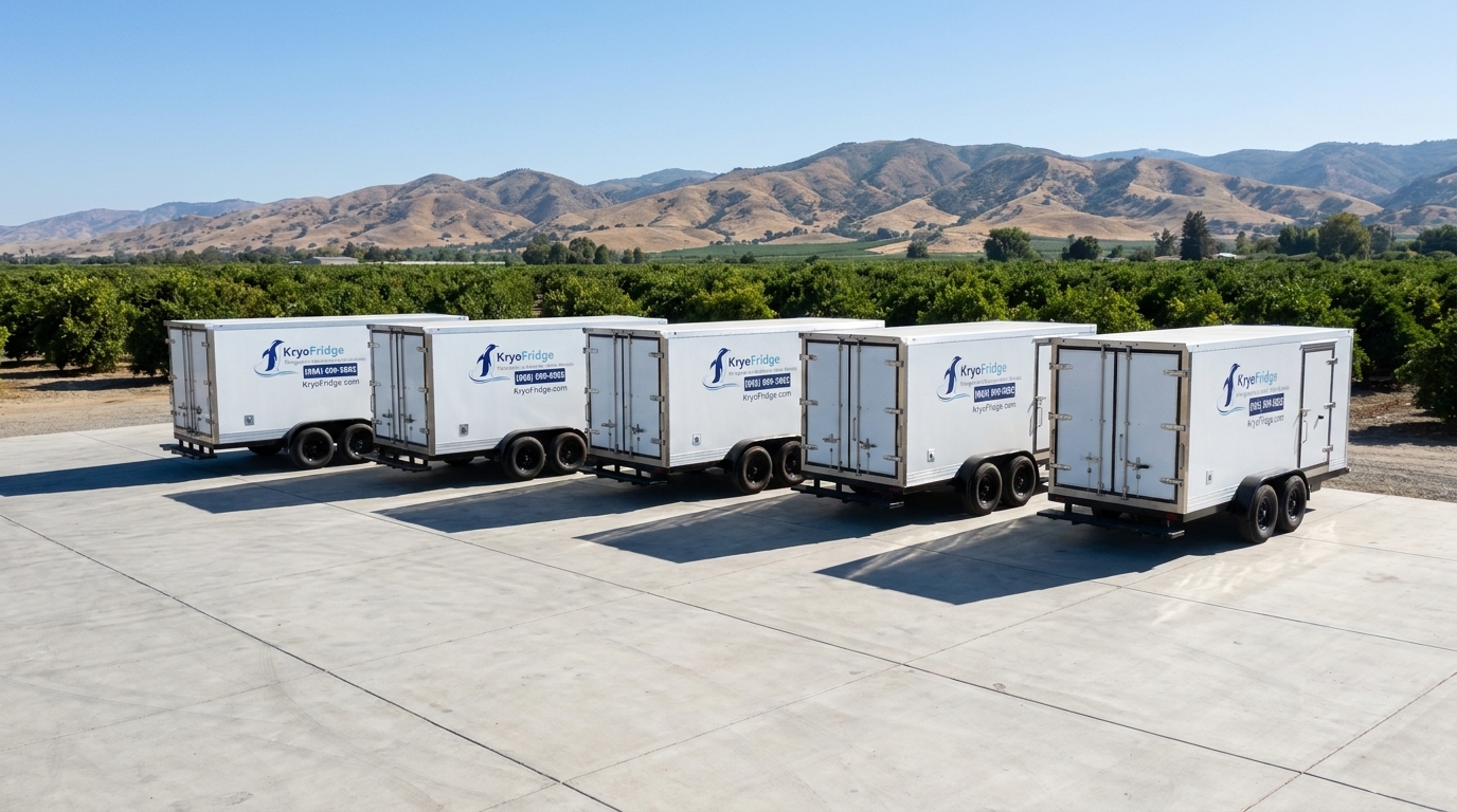 KryoFridge dual-purpose freezer and refrigerated trailer staged for same-day rental delivery in Porterville, California