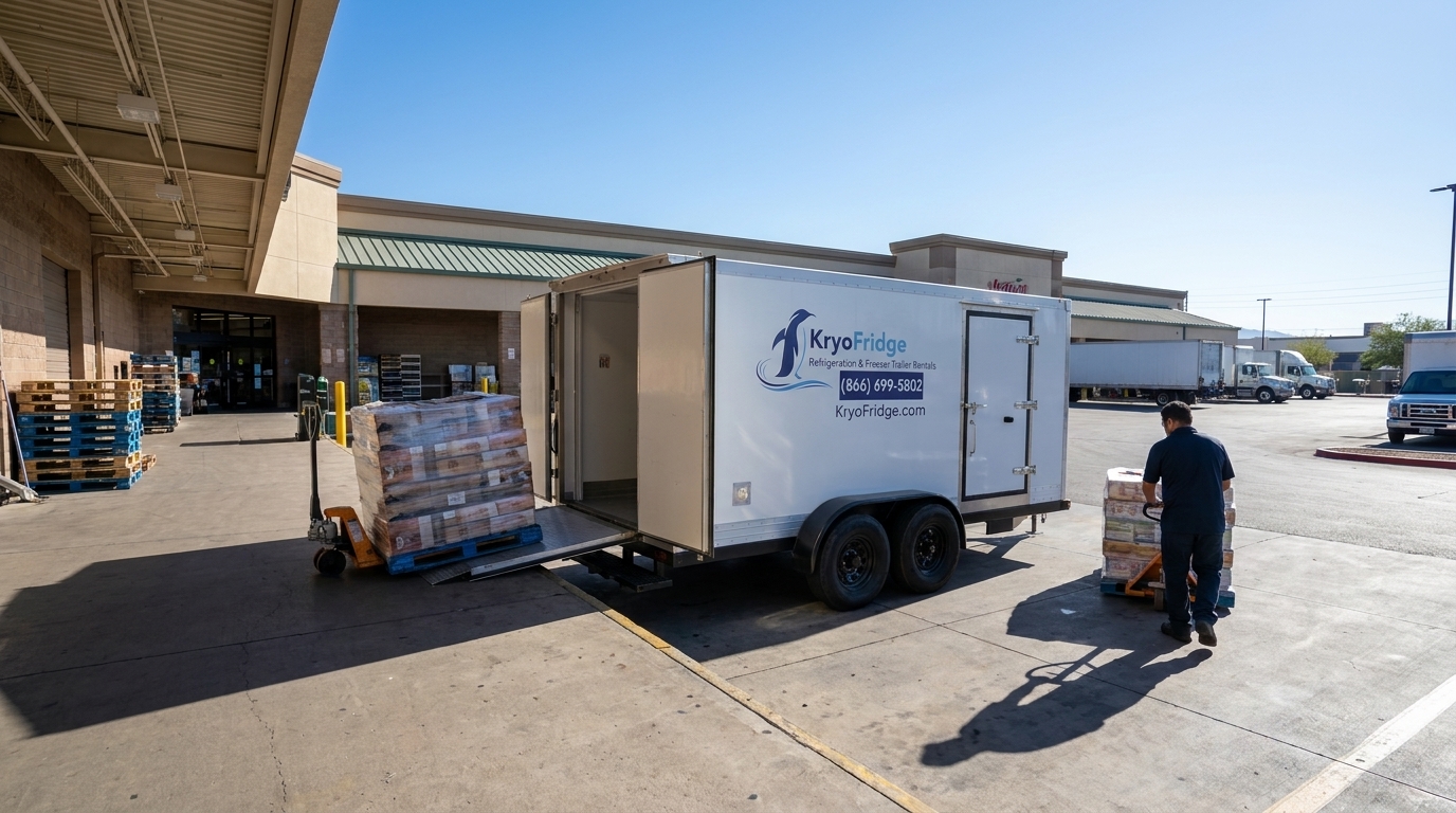 KryoFridge trailer covering a Grocery and retail overflow job in Porterville