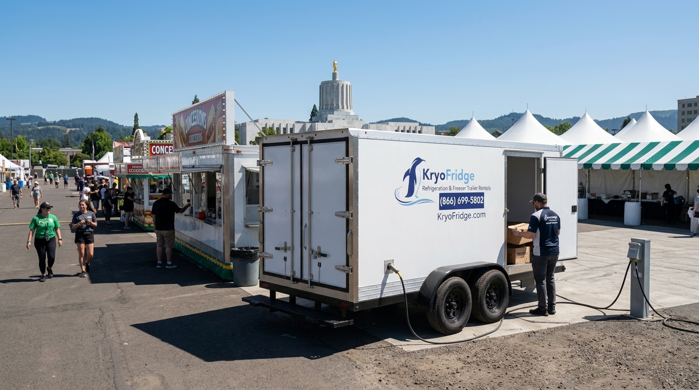 KryoFridge mobile cold storage unit, clean white and waiting on the yard in Salem, Oregon