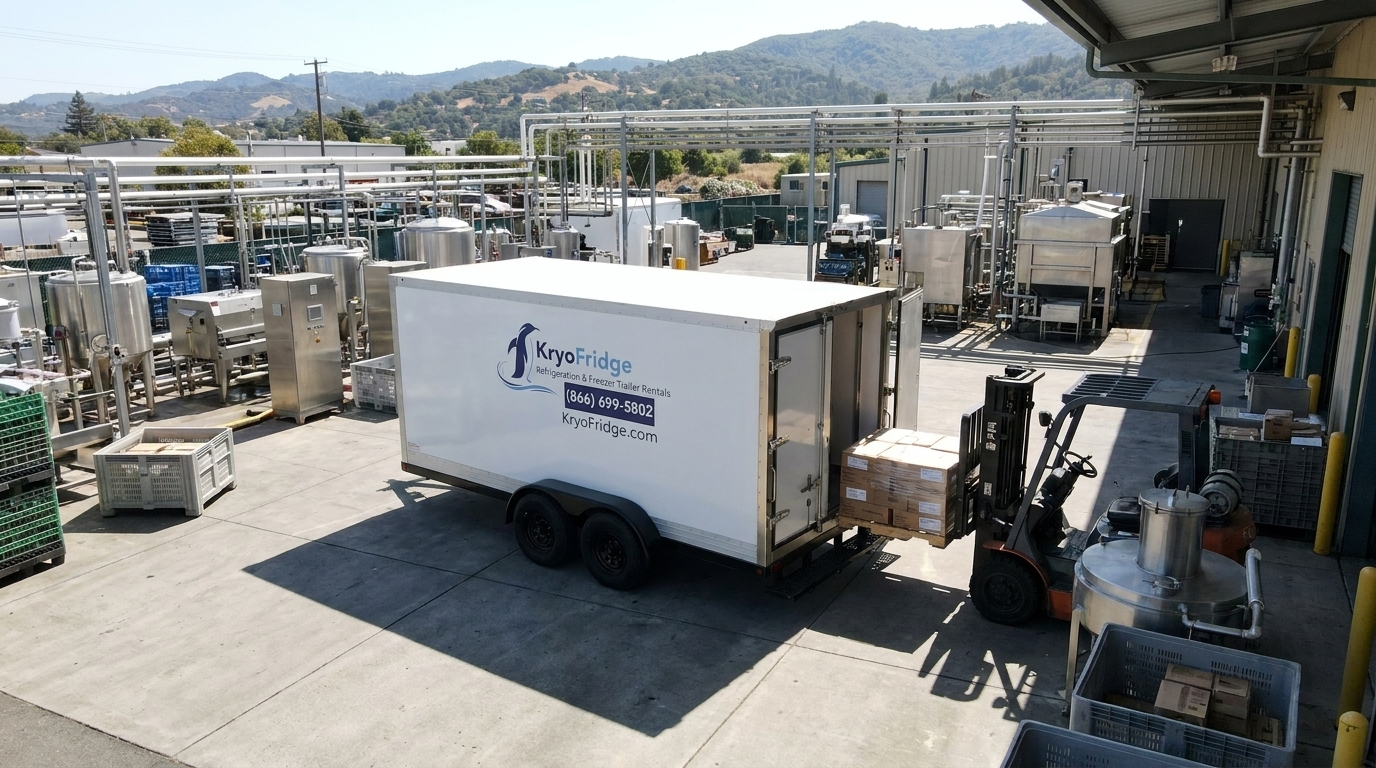 cold storage trailer backed up to a commissary loading dock in the Canal district, pallet jack moving produce boxes inside