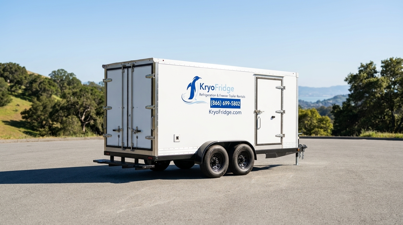 White KryoFridge cold-storage trailer parked and pre-cooled ahead of a rental drop in San Rafael, California