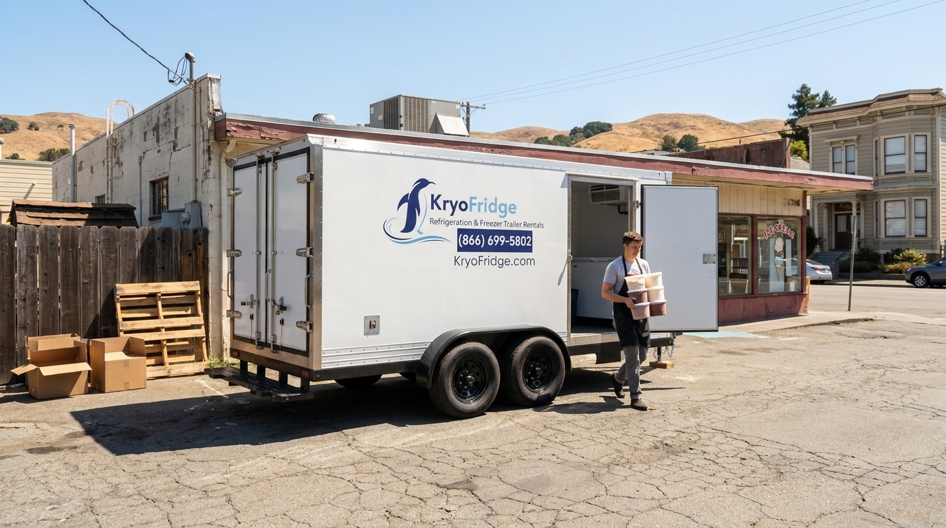 white freezer trailer parked behind a small ice cream shop on a downtown San Rafael side street at dusk, staff moving tubs on a hand cart
