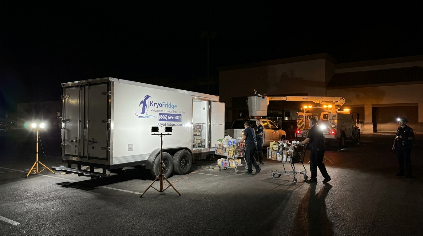 refrigerated trailer with a generator running outside a small grocery store at night during a neighborhood power outage, store staff carrying cases out