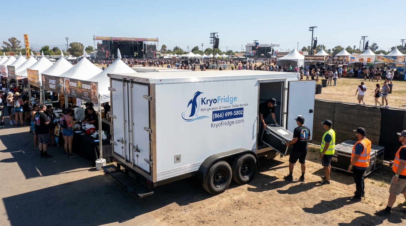 white walk-in freezer trailer parked on a coned side street beside festival vendor booths in a small California downtown