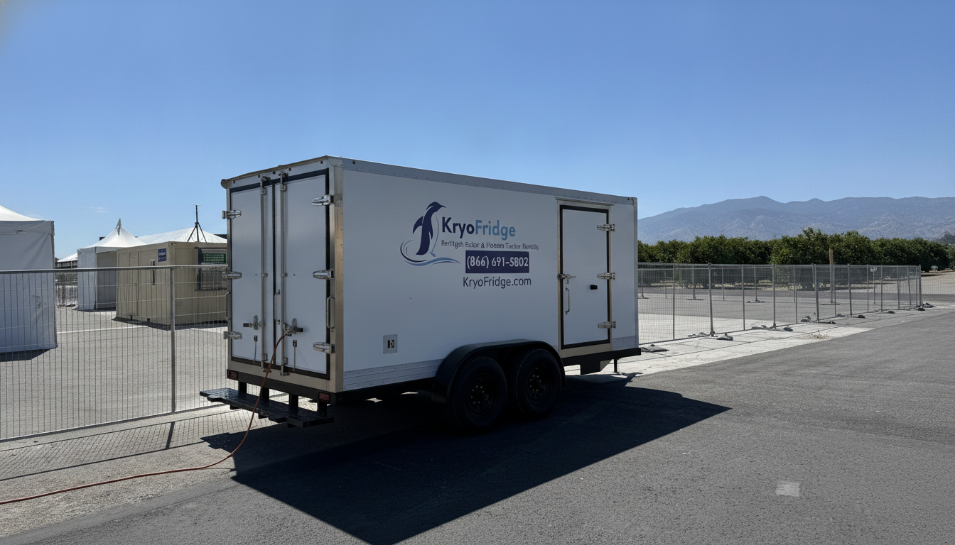 Clean white KryoFridge freezer trailer photographed in side profile on a lot in Sanger, California, ready for refrigerated cold-storage delivery