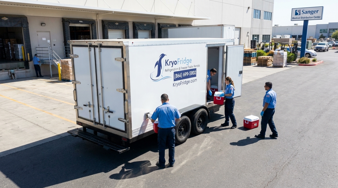 mobile refrigeration trailer parked beside a small pharmacy back entrance with a staff member wheeling a cooler cart