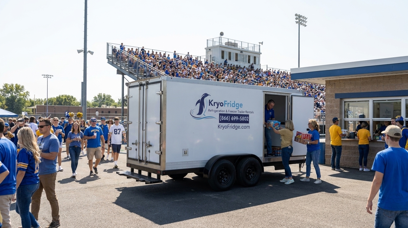 Rented freezer trailer set for School and game-day cold work around Sanger
