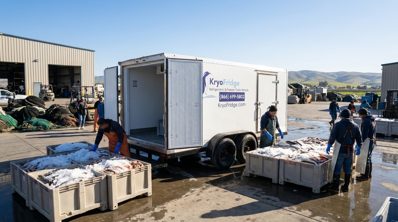 refrigerated cold storage trailer backed up to a citrus packing shed dock with a forklift moving fruit bins