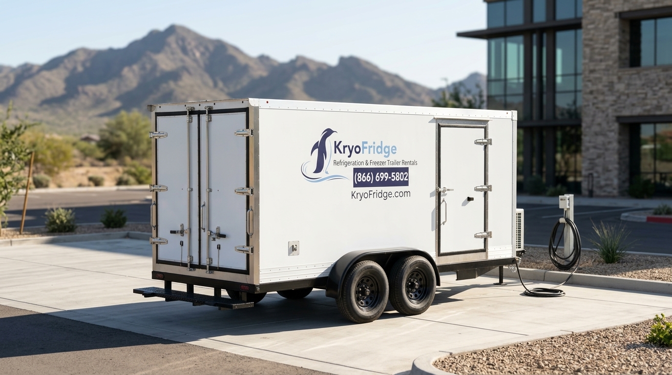 Staged KryoFridge walk-in freezer trailer parked and waiting ahead of a drop in Surprise, Arizona