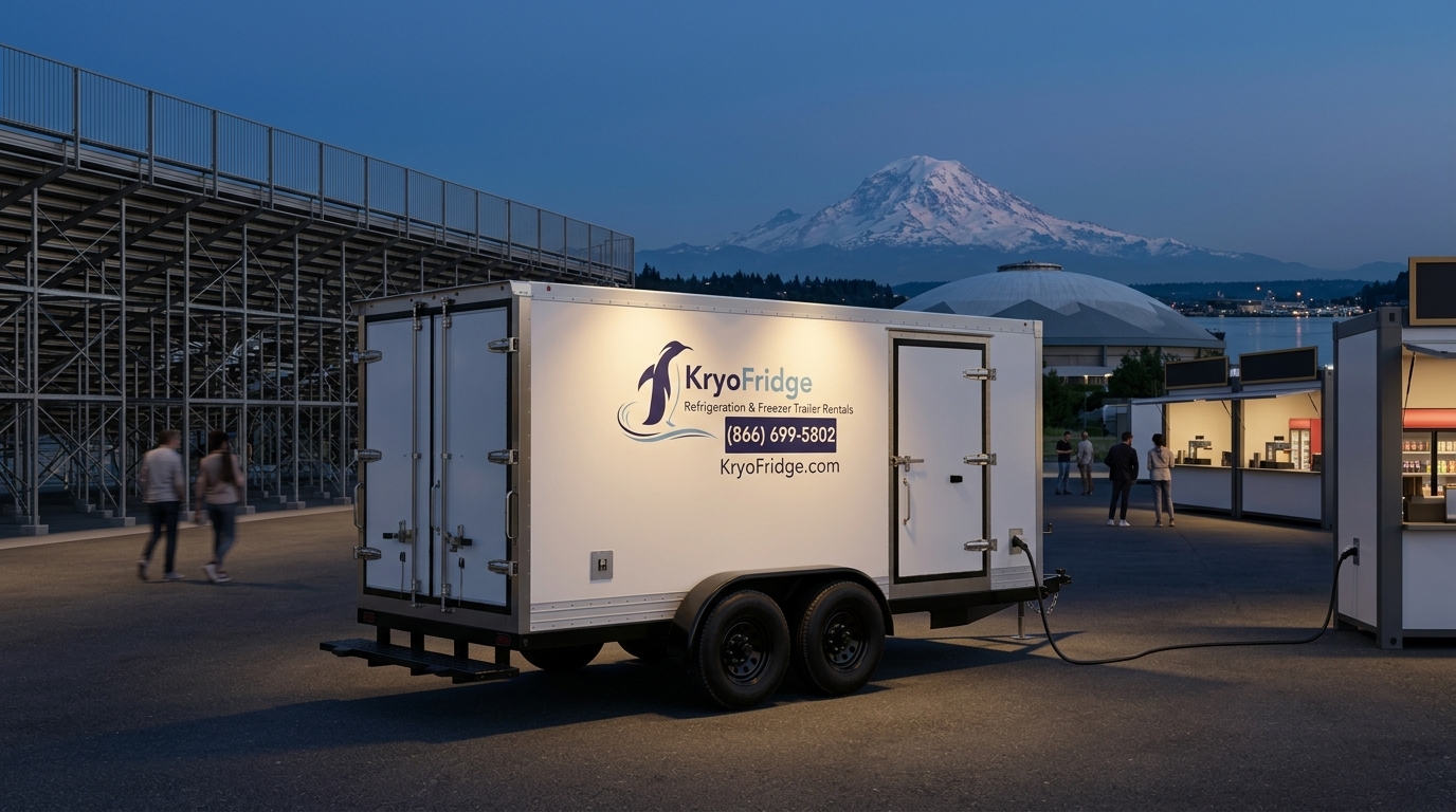 Staged KryoFridge cold storage trailer parked and waiting ahead of a drop in Tacoma, Washington