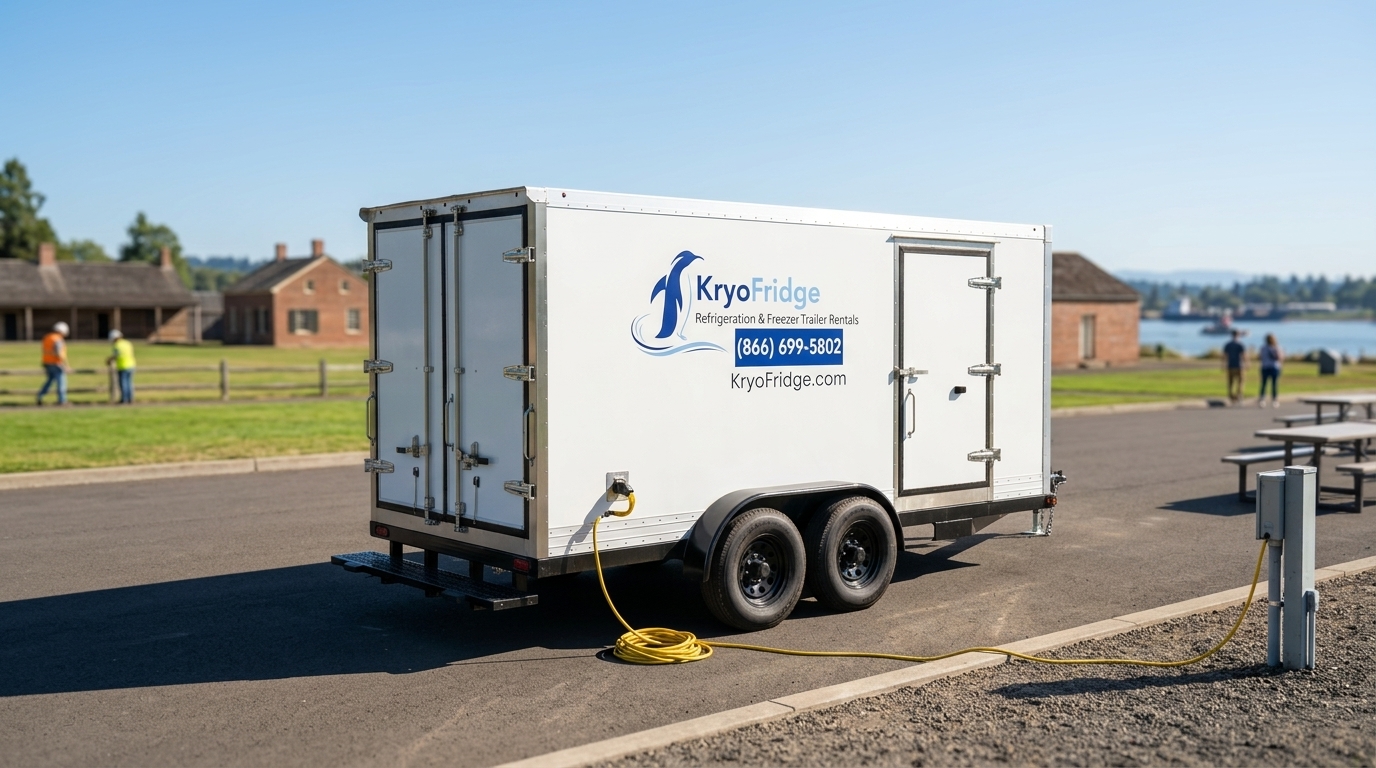 KryoFridge walk-in freezer trailer, spotless and waiting on the yard in Vancouver, Washington